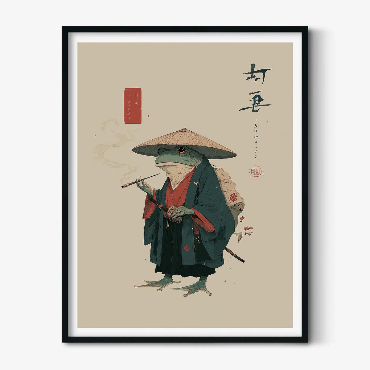 Samurai Frog Wall Art Print, Japanese Minimalist Animal Poster, Funny Smoking Frog Decor