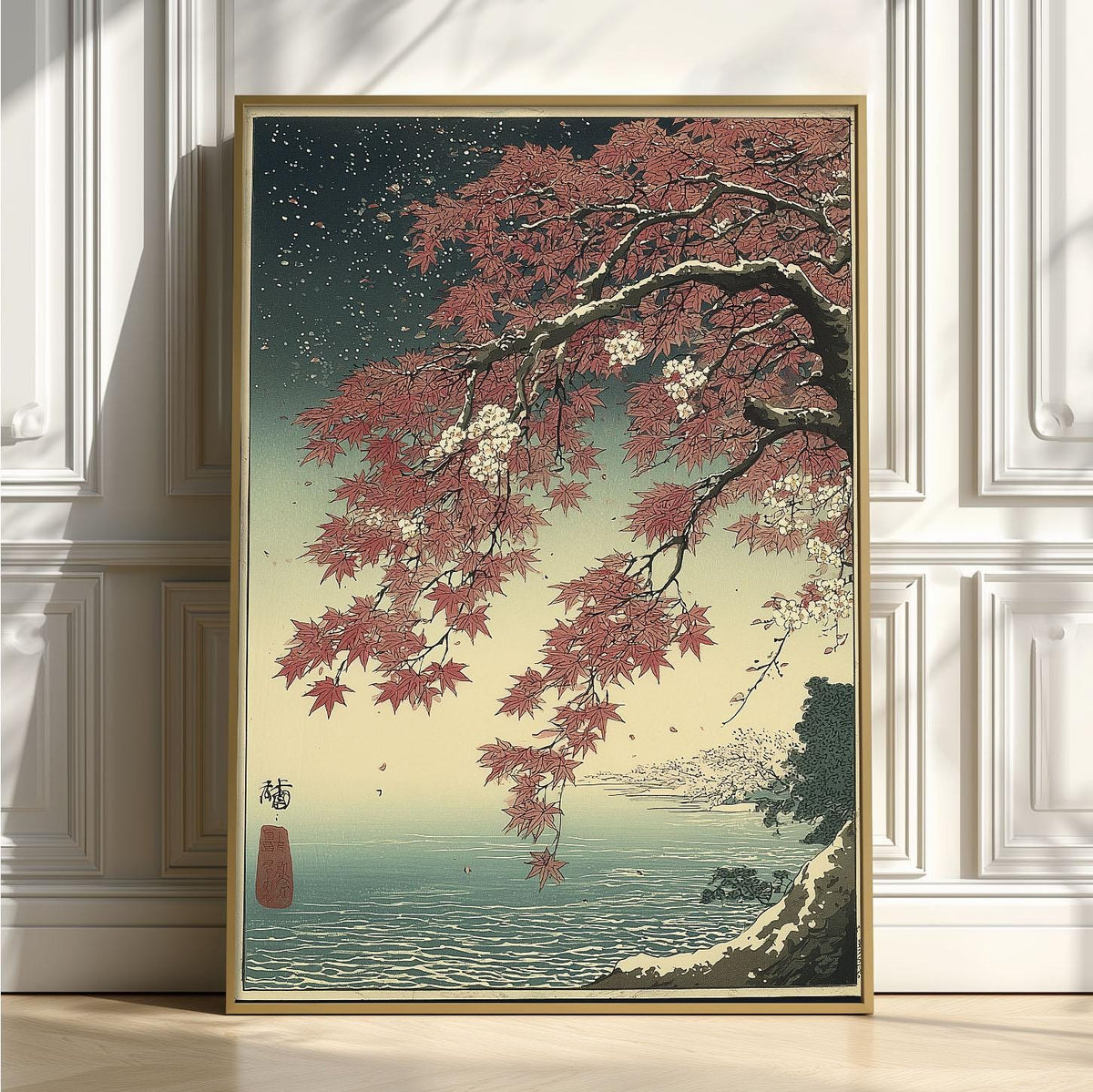 Japanese Coastal Art Print, Ukiyo-e Landscape Wall Art, Autumn Lake illustration