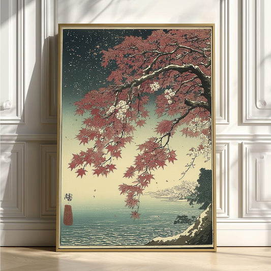 Japanese Coastal Art Print, Ukiyo-e Landscape Wall Art, Autumn Lake illustration
