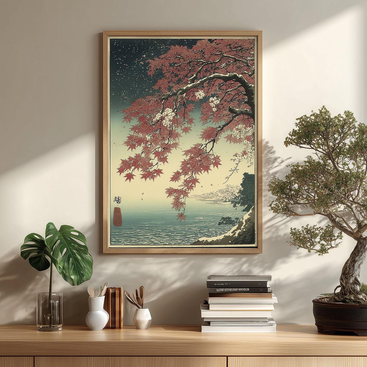 Japanese Coastal Art Print, Ukiyo-e Landscape Wall Art, Autumn Lake illustration