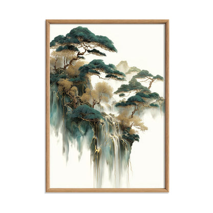 Gold Jade Waterfall Print, Chinese Landscape Wall Art, Mountain Decor