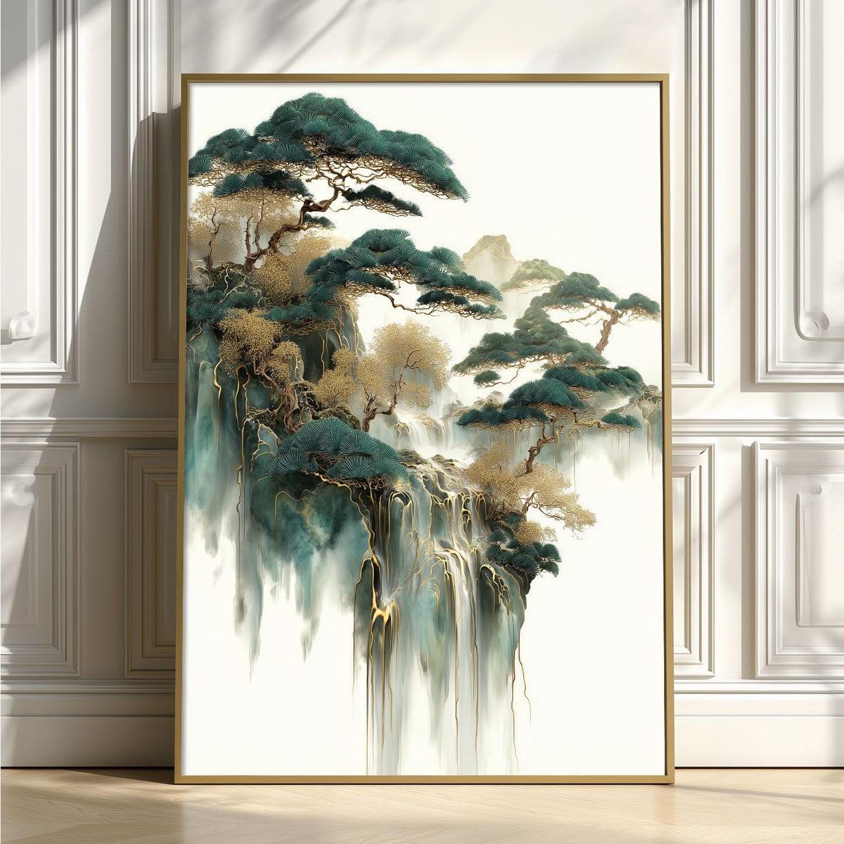 Gold Jade Waterfall Print, Chinese Landscape Wall Art, Mountain Decor