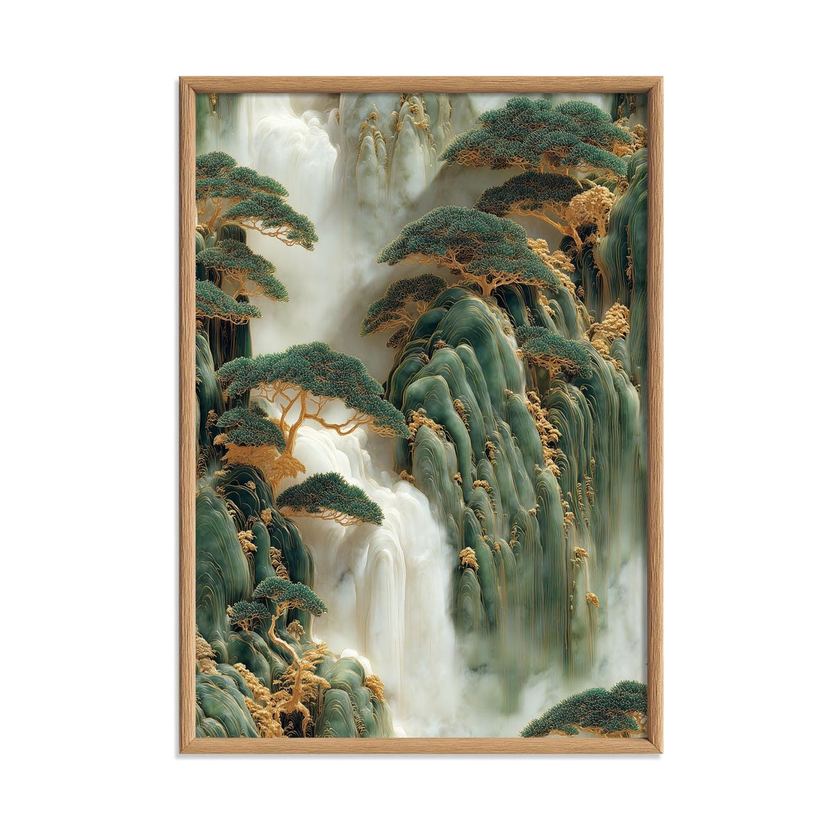 Chinese Waterfall Art Print, Gold Jade Carving Style, Mountain Landscape Decor
