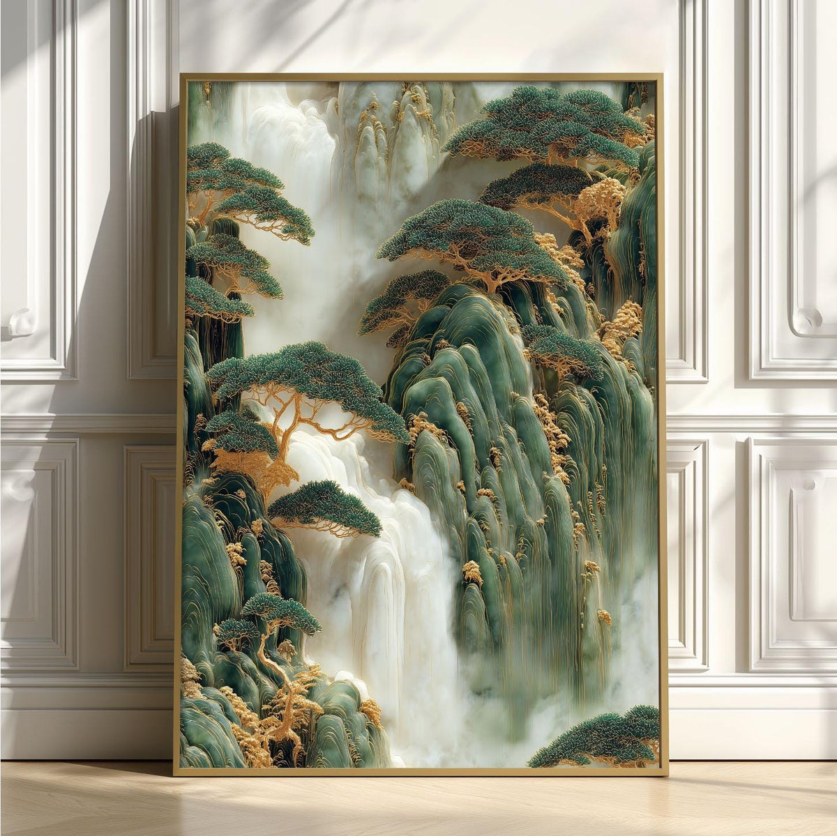 Chinese Waterfall Art Print, Gold Jade Carving Style, Mountain Landscape Decor