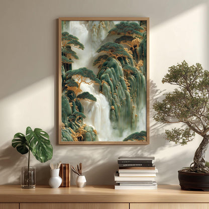 Chinese Waterfall Art Print, Gold Jade Carving Style, Mountain Landscape Decor