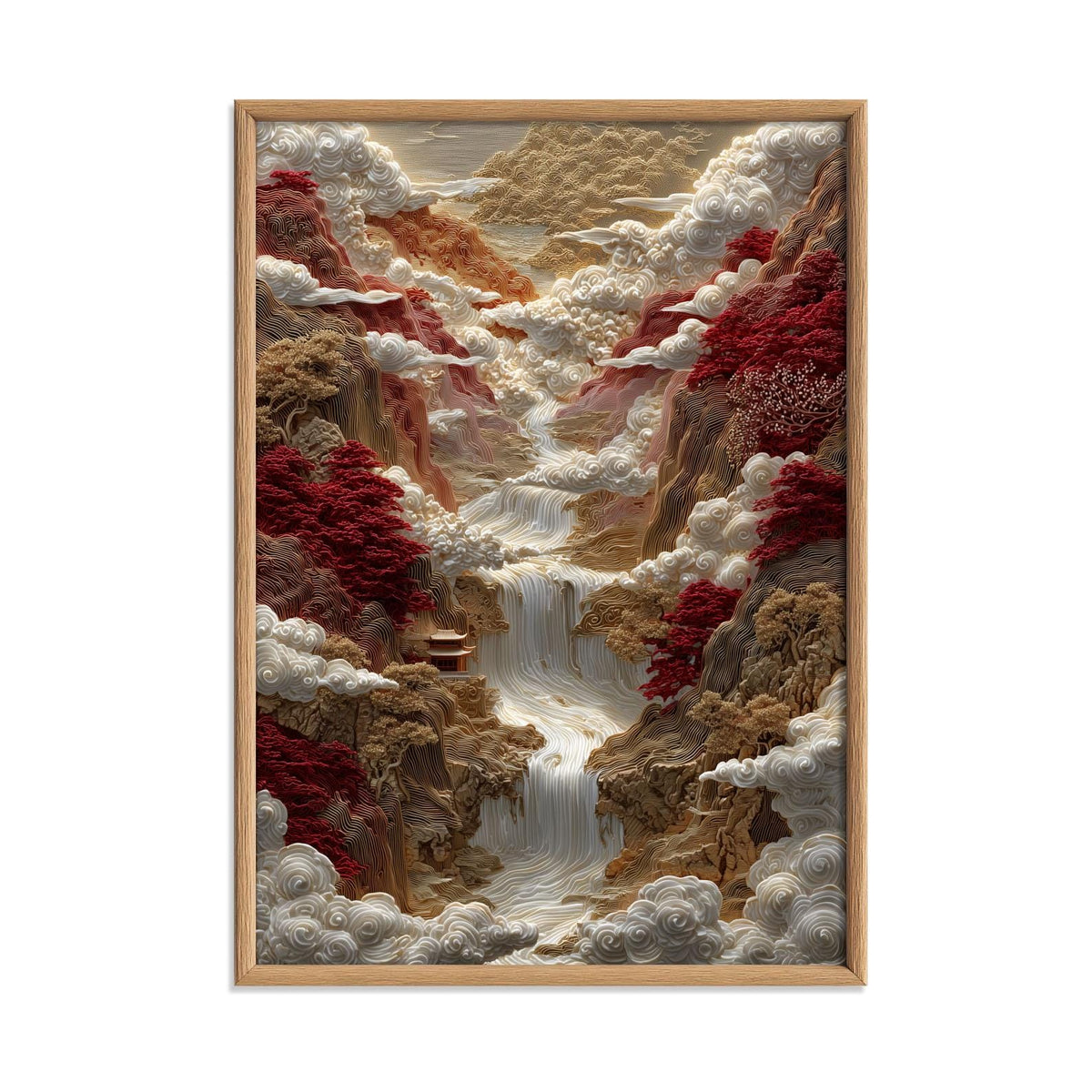 Red Mountain Waterfall Print, Gold Carved Chinese Landscape Style, Cloud Temple Decor