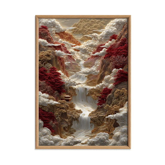 Red Mountain Waterfall Print, Gold Carved Chinese Landscape Style, Cloud Temple Decor