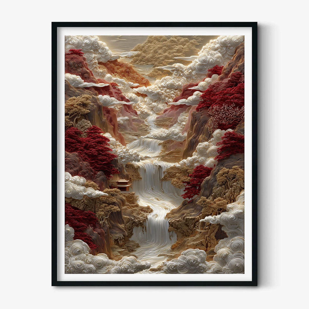 Red Mountain Waterfall Print, Gold Carved Chinese Landscape Style, Cloud Temple Decor