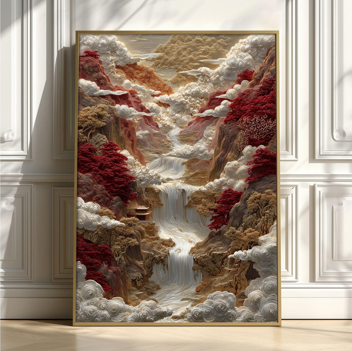 Red Mountain Waterfall Print, Gold Carved Chinese Landscape Style, Cloud Temple Decor