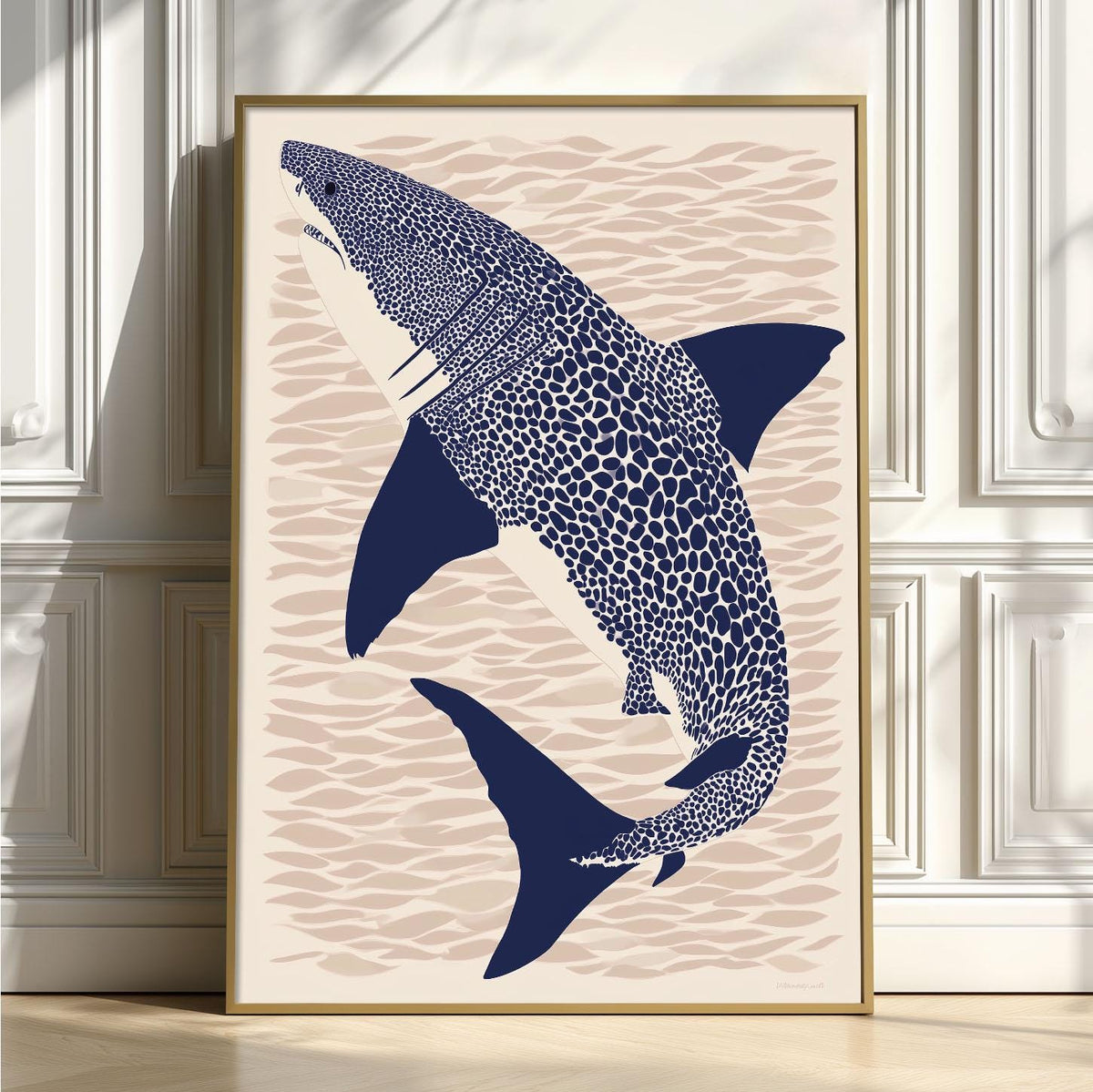 Great White Shark Poster Print, Navy Coastal Graphic Style, Ocean Predator Decor