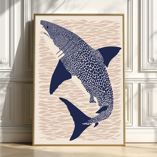 Great White Shark Poster Print, Navy Coastal Graphic Style, Ocean Predator Decor