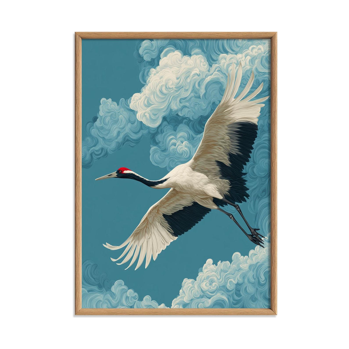 Japanese Crane Print, Majestic Flying Bird Wall Art, Dramatic Blue Sky Decor