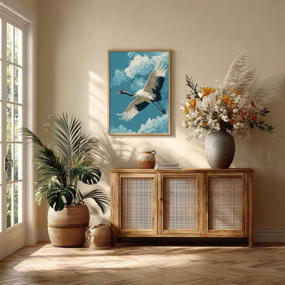 Japanese Crane Print, Majestic Flying Bird Wall Art, Dramatic Blue Sky Decor