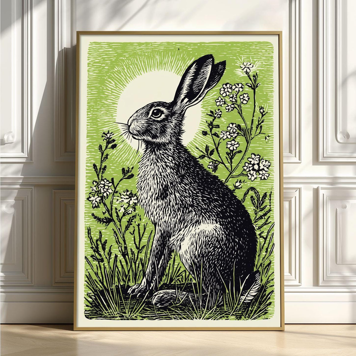 Hare Poster, Green Linocut Style, Woodland Hare and Wildflower Decor