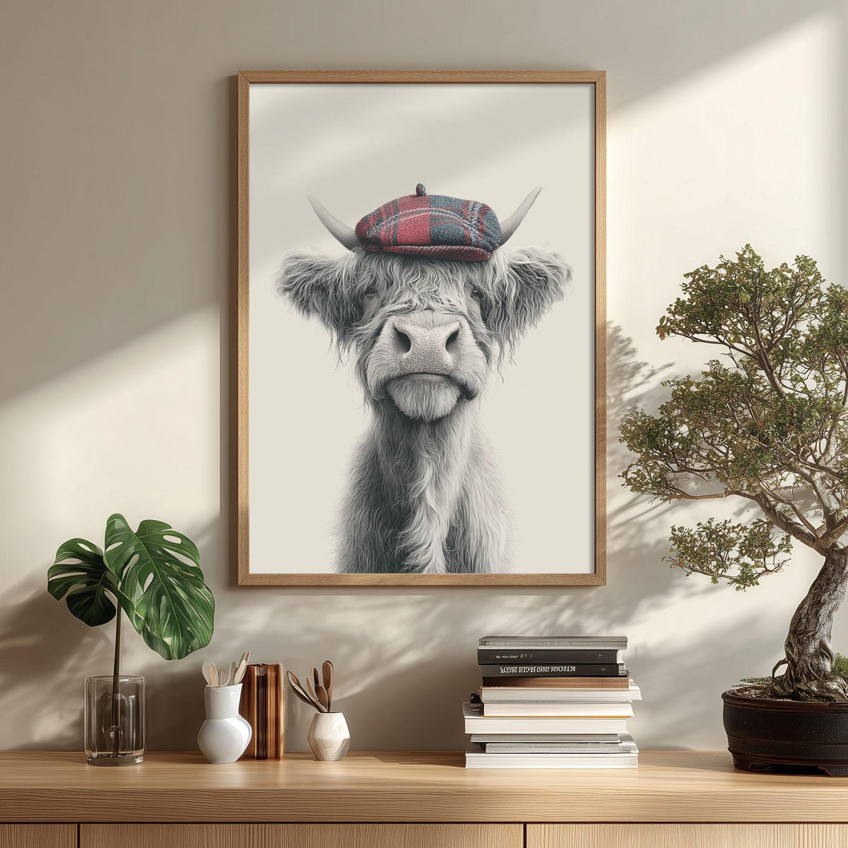 Highland Cow Wall Art Print, Pencil Drawing Style, Tartan Cap Farmhouse Decor