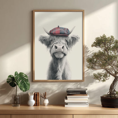 Highland Cow Wall Art Print, Pencil Drawing Style, Tartan Cap Farmhouse Decor