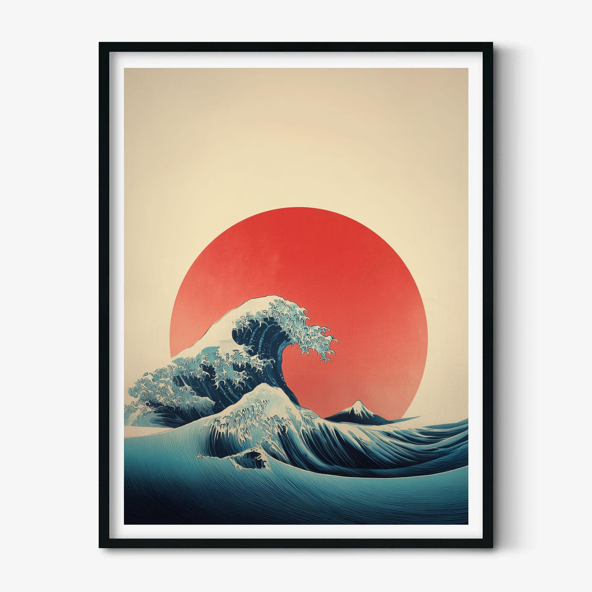 Japanese Wave Poster Print, Minimalist Ukiyo-e Style, Red Sun Ocean Decor
