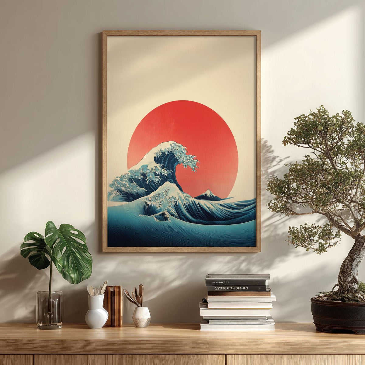 Japanese Wave Poster Print, Minimalist Ukiyo-e Style, Red Sun Ocean Decor