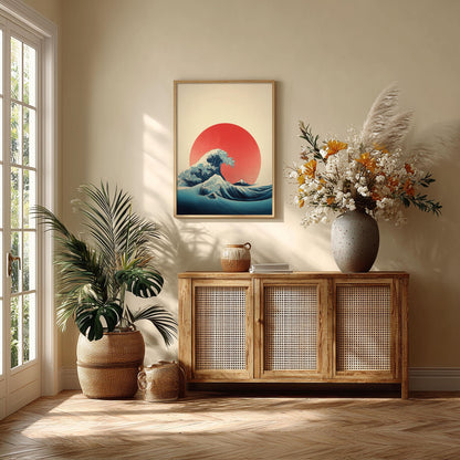 Japanese Wave Poster Print, Minimalist Ukiyo-e Style, Red Sun Ocean Decor