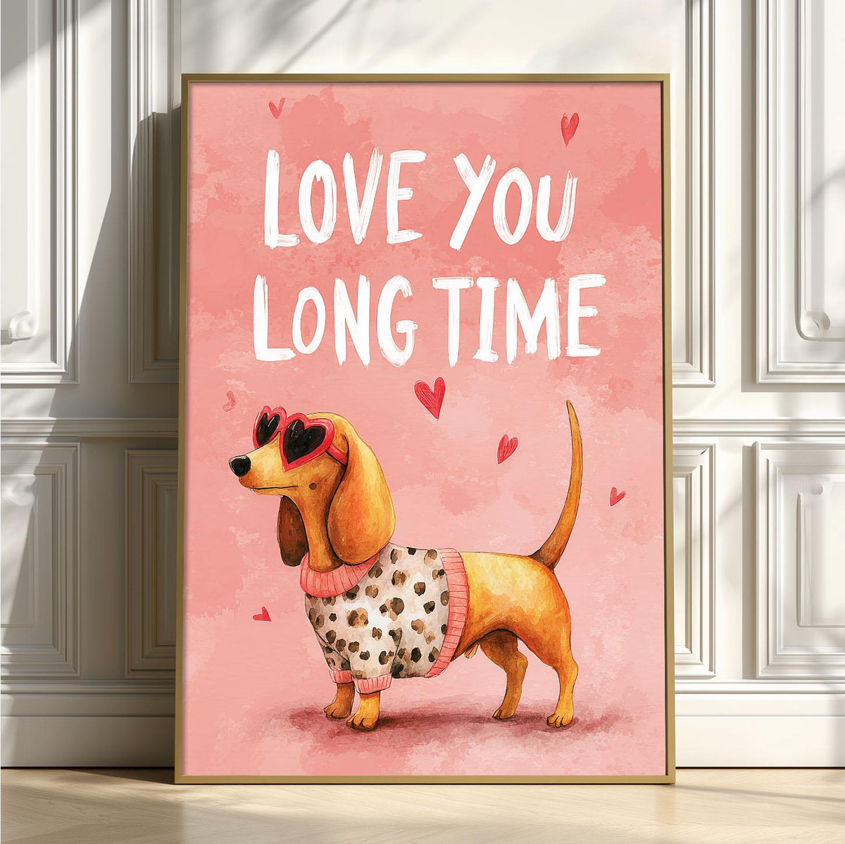 Dachshund Valentine Print, Watercolor Style Dog Art, Love You Long Time Decor