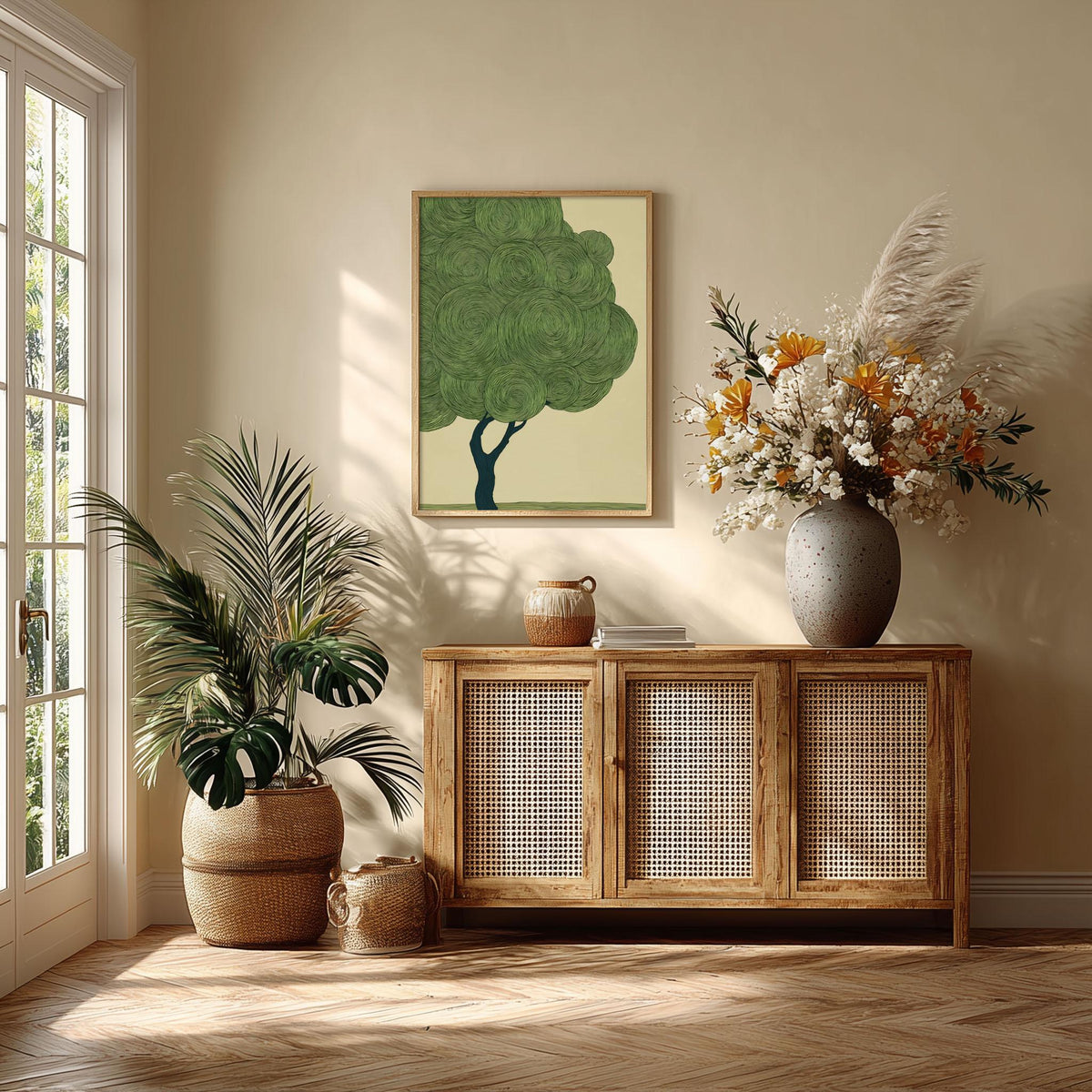 Japanese Woodblock Tree Print, Green Botanical Wall Art