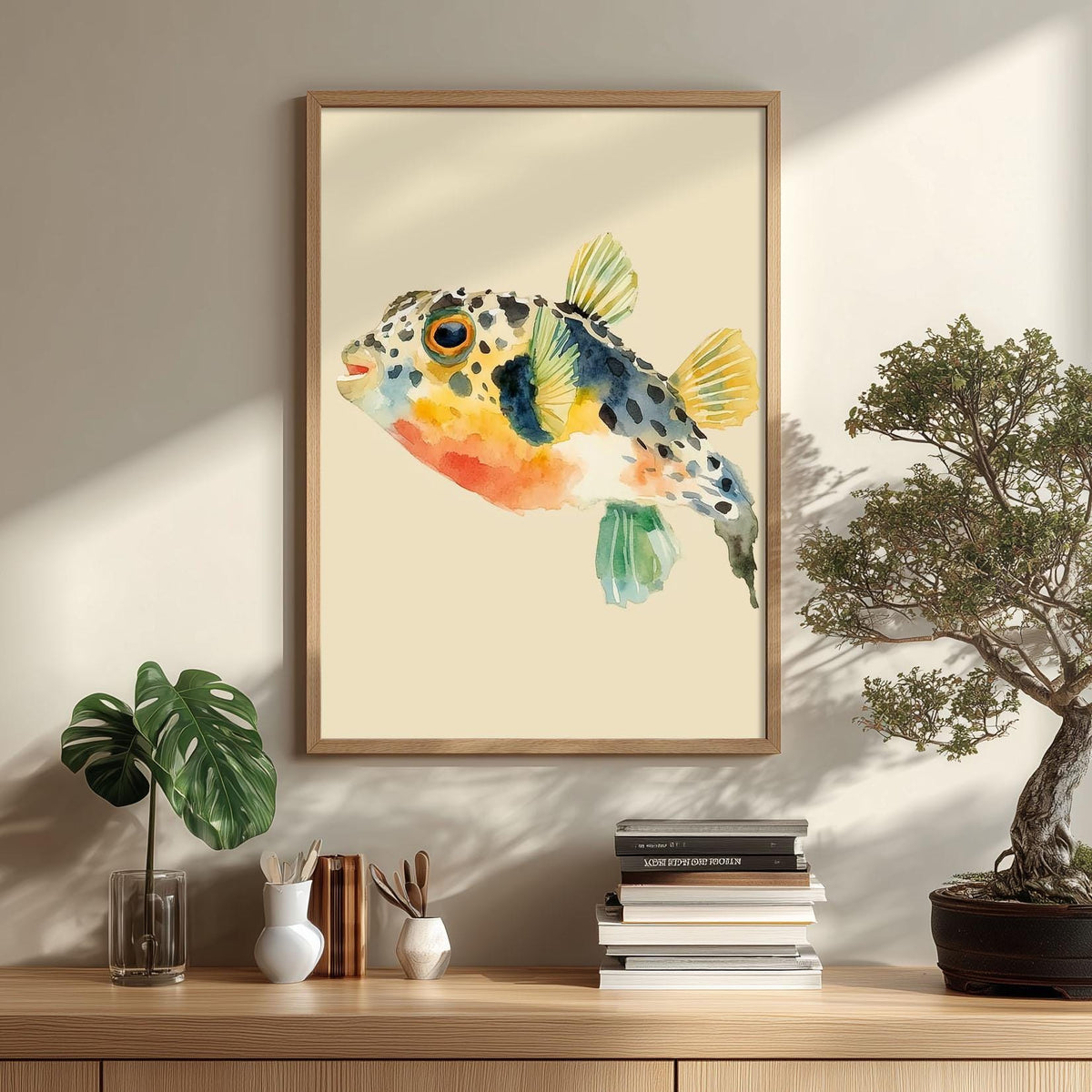 Colourful Pufferfish Watercolour Print, Tropical Fish Wall Art