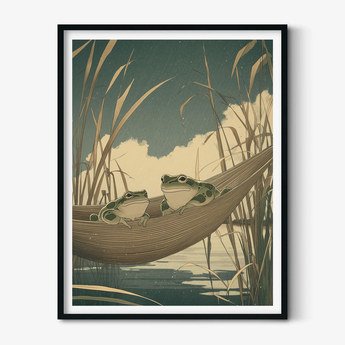 Frog Hammock Print, Japanese Woodblock Pond Wall Art