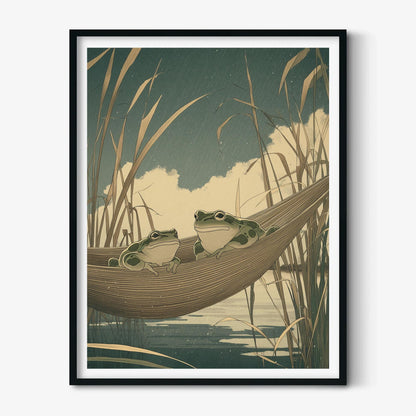 Frog Hammock Print, Japanese Woodblock Pond Wall Art