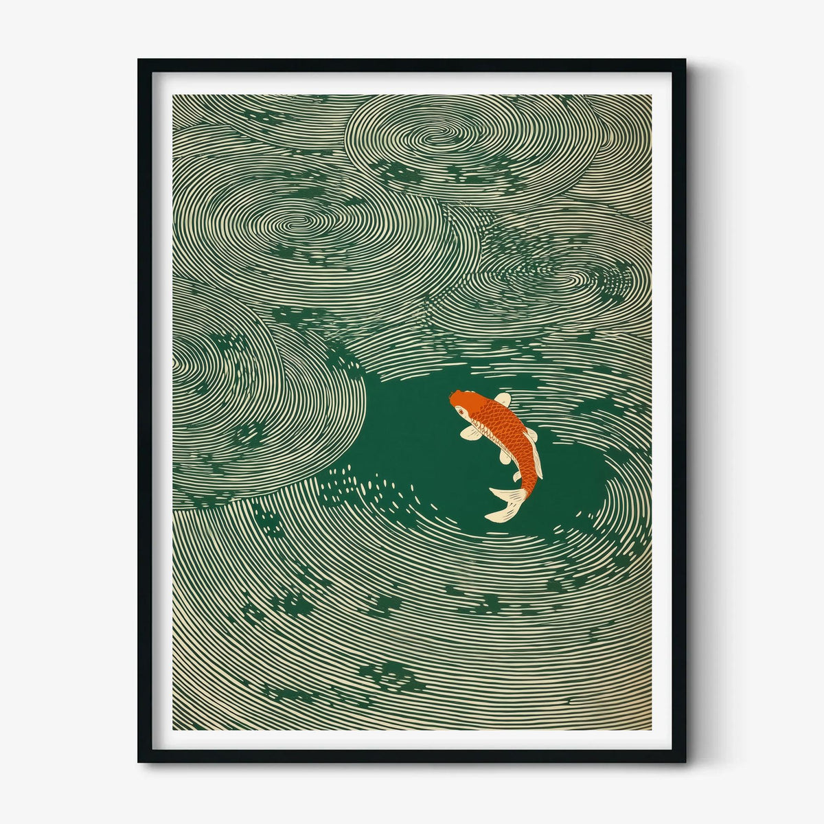 Koi Fish Print, Green Japanese Woodblock Wall Art