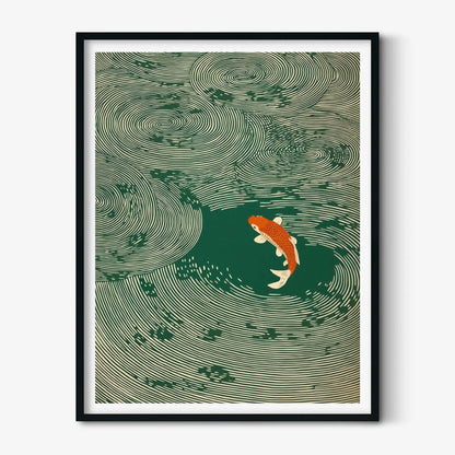 Koi Fish Print, Green Japanese Woodblock Wall Art
