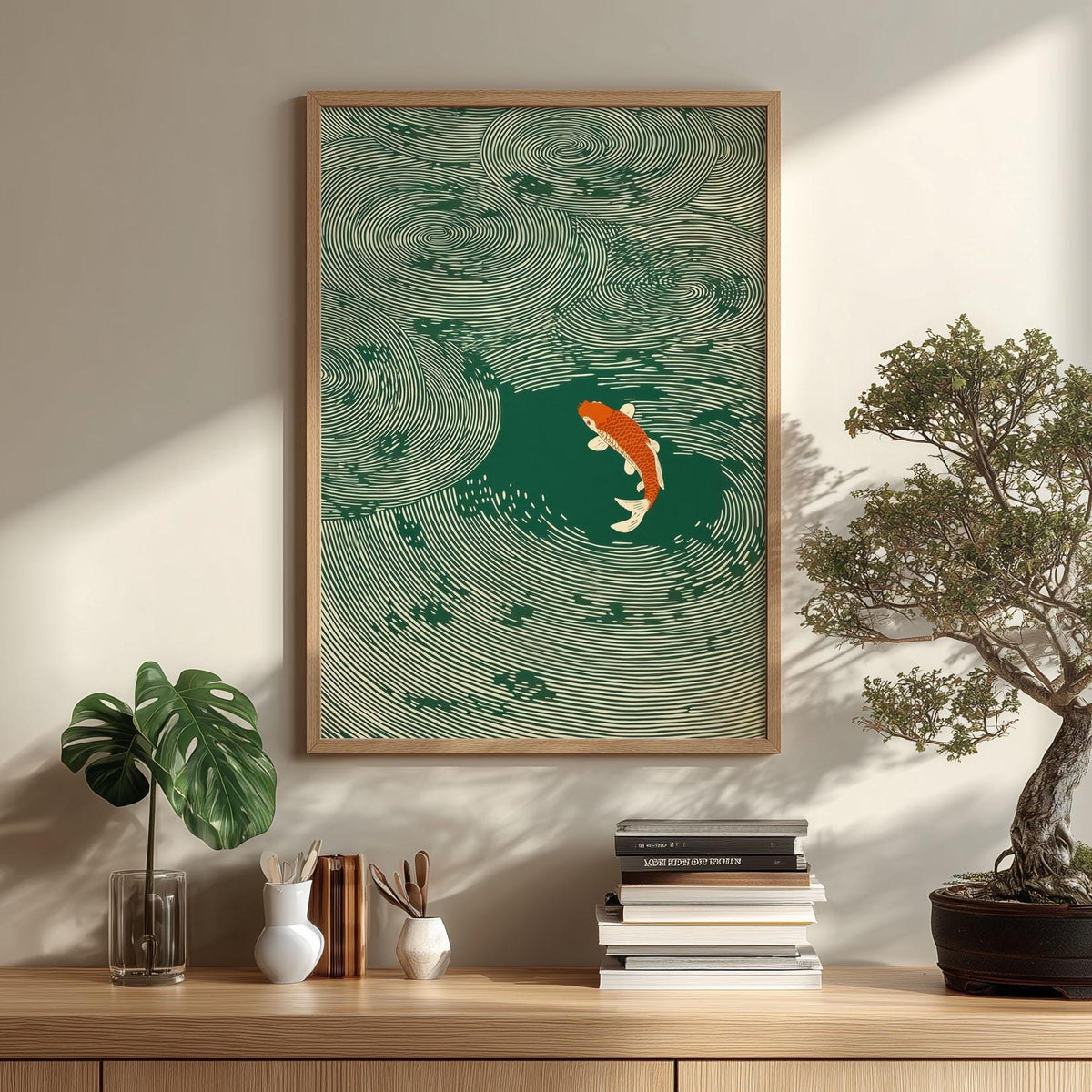 Koi Fish Print, Green Japanese Woodblock Wall Art