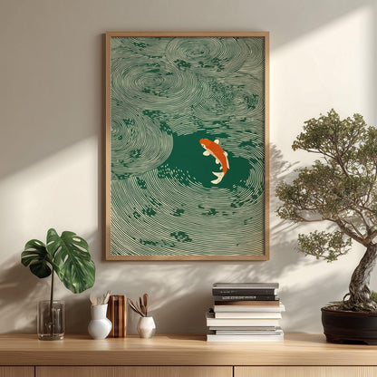 Koi Fish Print, Green Japanese Woodblock Wall Art