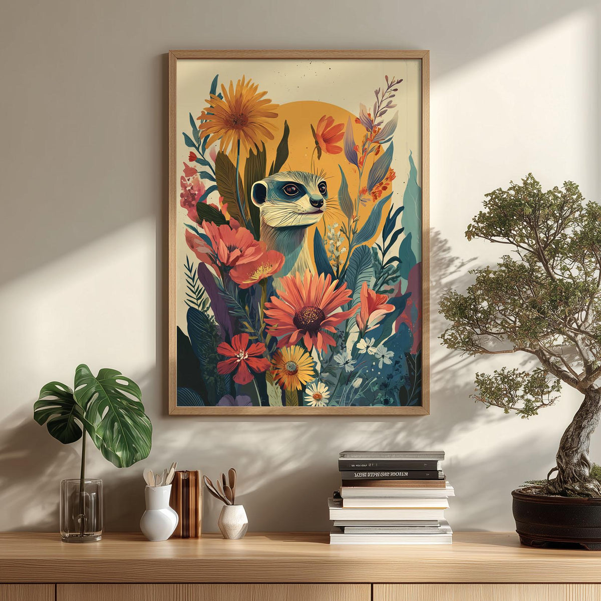 Meerkat Flower Print, Vintage Botanical Animal Wall Art