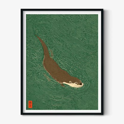 Otter Swimming Print, Green Japanese Woodblock Wall Art