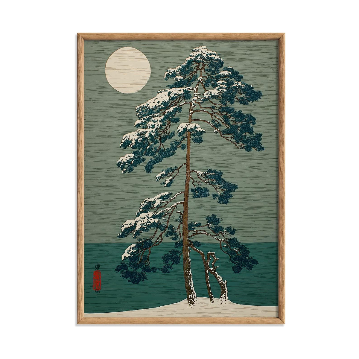 Japanese Winter Tree Poster | Woodblock Style, Moonlit Teal Landscape