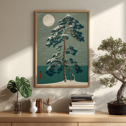 Japanese Winter Tree Poster | Woodblock Style, Moonlit Teal Landscape