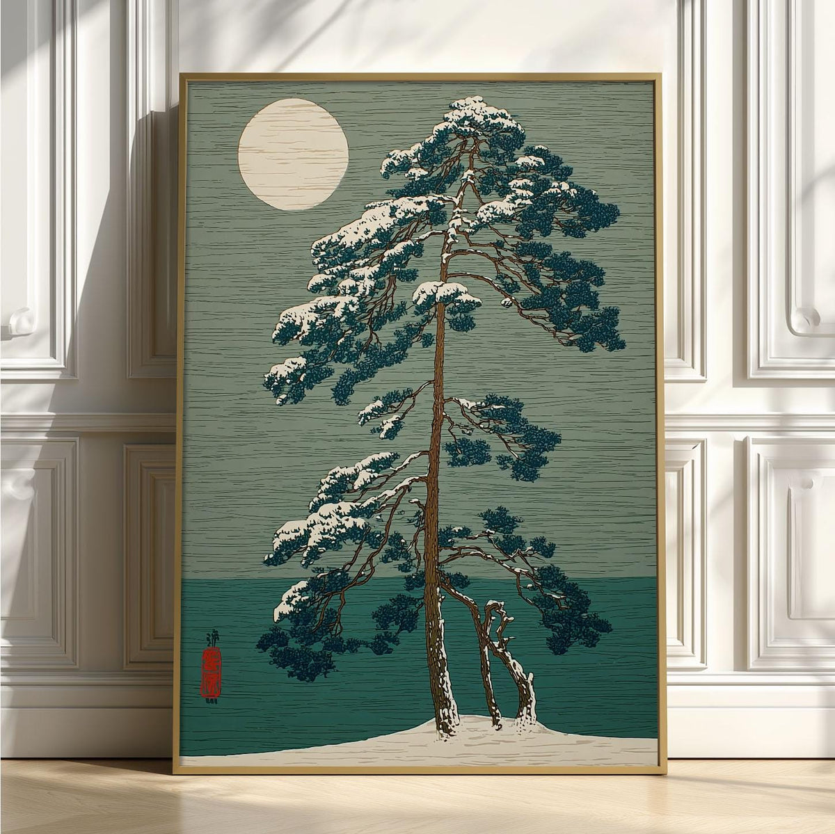 Japanese Winter Tree Poster | Woodblock Style, Moonlit Teal Landscape