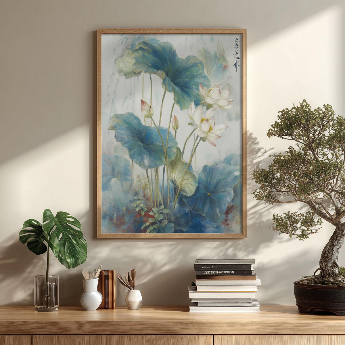 Lotus Flower Art Print | Asian Watercolour Style, Blue Botanical Decor