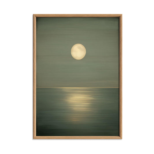 Minimalist Moon Seascape Poster Print | Green Ocean Horizon, Zen Wall Art