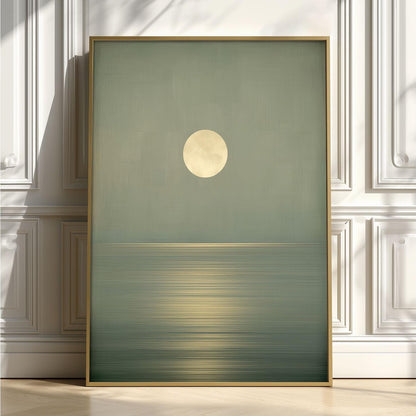 Minimalist Moon Seascape Poster Print | Green Ocean Horizon, Zen Wall Art