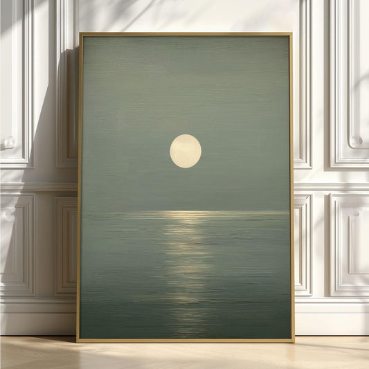 Minimalist Moon Seascape Poster Print, Sage Green Ocean, Zen Wall Art