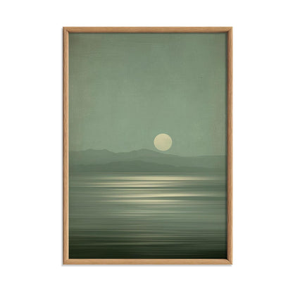Sage Green Lake Art Print, Minimalist Moon Landscape, Wabi-Sabi Japandi Decor