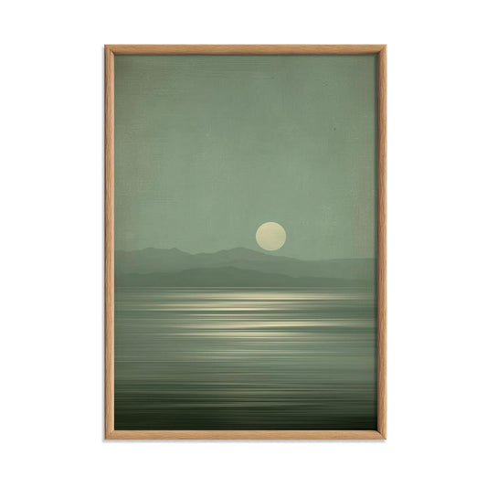 Sage Green Lake Art Print, Minimalist Moon Landscape, Wabi-Sabi Japandi Decor