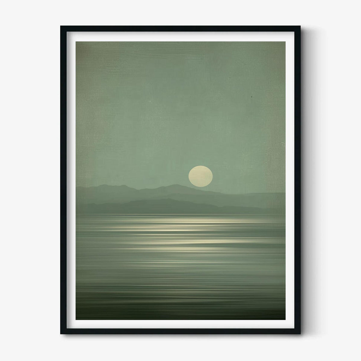 Sage Green Lake Art Print, Minimalist Moon Landscape, Wabi-Sabi Japandi Decor