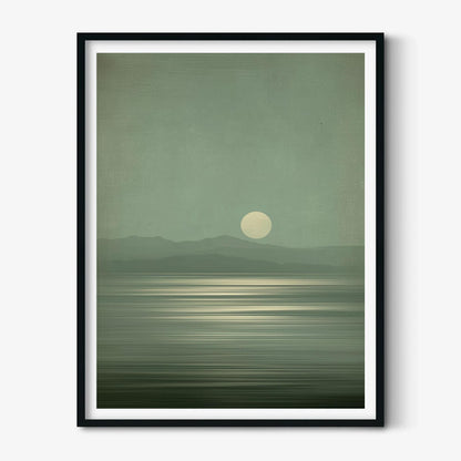 Sage Green Lake Art Print, Minimalist Moon Landscape, Wabi-Sabi Japandi Decor