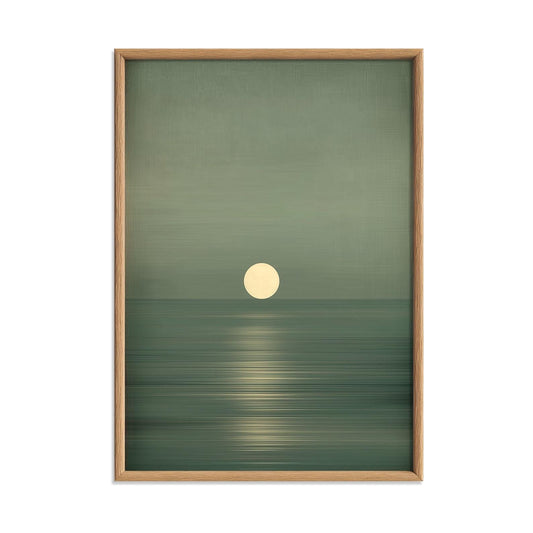 Sage Green Moon Wall Art Print, Minimalist Ocean Reflection, Wabi Sabi Style