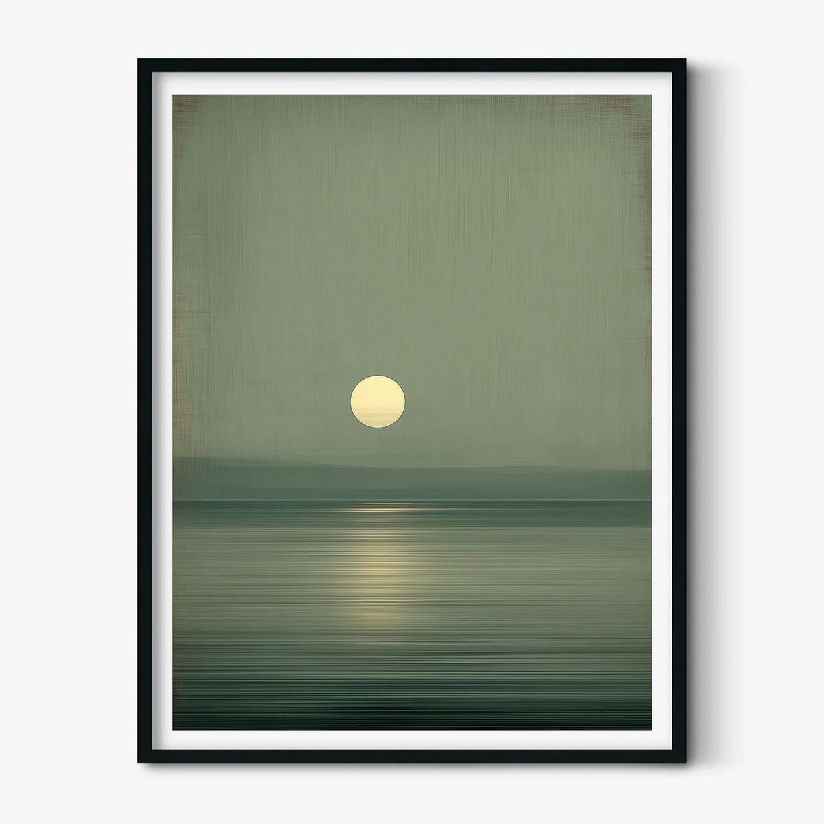 Sage Green Moon Wall Art Print, Minimalist Ocean Reflection, Wabi Sabi Style