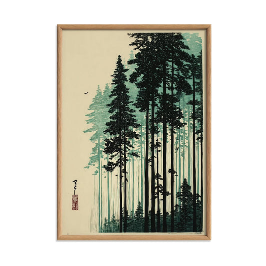 Japanese Pine Forest Print, Tree Wall Art, Woodblock Poster, Minimalist Zen Home Decor