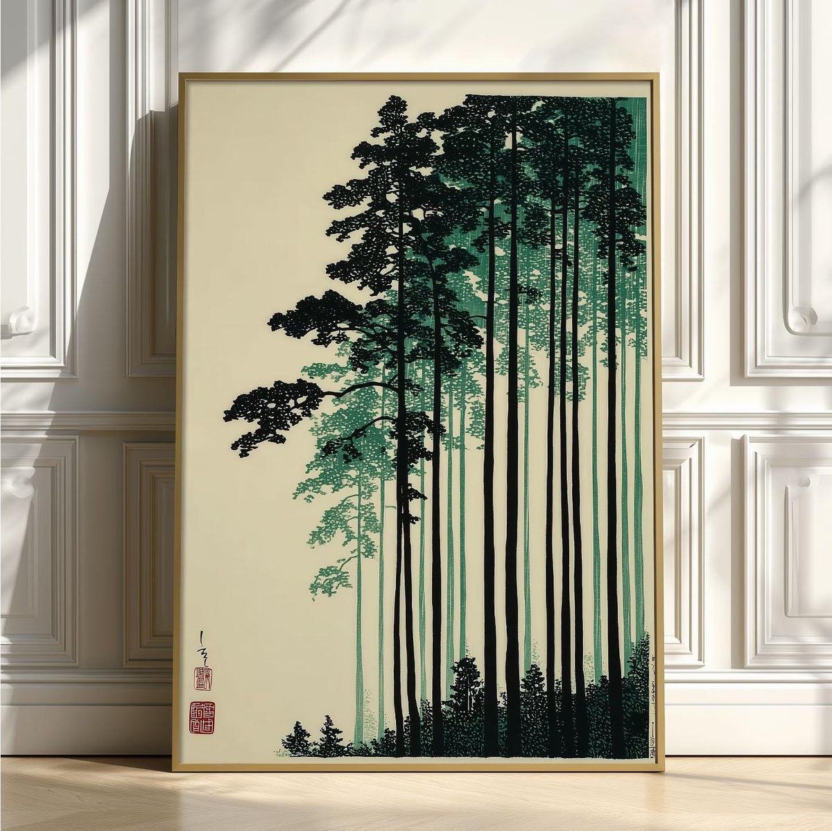Japanese Pine Forest Print, Tree Wall Art, Woodblock Poster, Minimalist Zen Home Decor