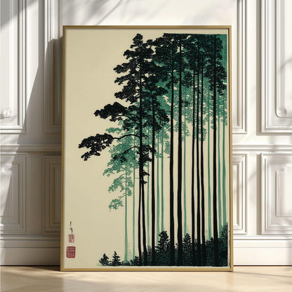 Japanese Pine Forest Print, Tree Wall Art, Woodblock Poster, Minimalist Zen Home Decor